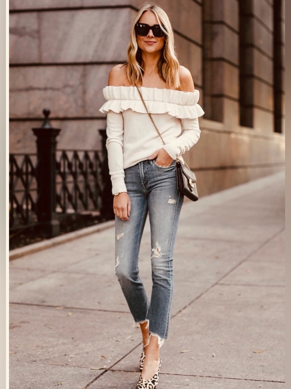 Club Monaco Off-Shoulder Ruffle Sweater Top in Cream